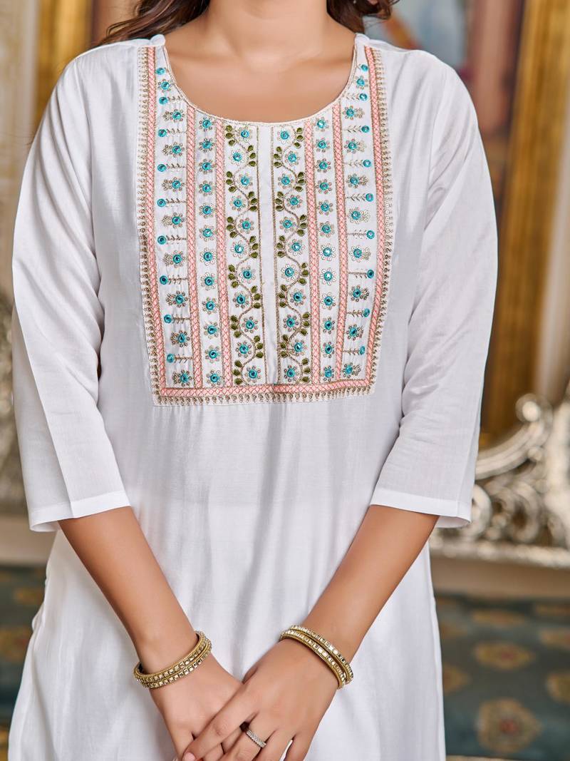 Women's Chanderi Embroidered Straight Kurta with Pant And Dupatta Set