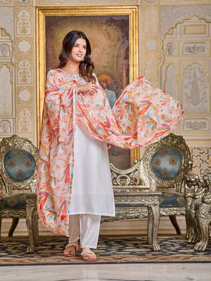 Women's Chanderi Embroidered Straight Kurta with Pant And Dupatta Set 6