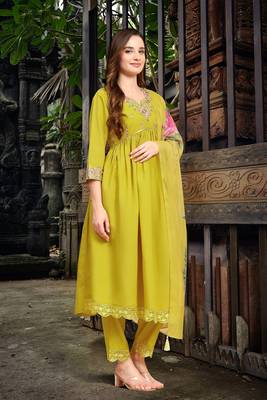 Trendmalls Yellow Satin Silk Embroidery Salwar Suit Set with Floral Printed Dupatta for Women 8