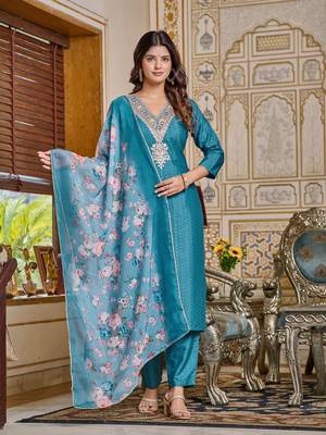 Women's Viscose Rayon Embroidered Straight Kurta with Pant And Dupatta Set 1