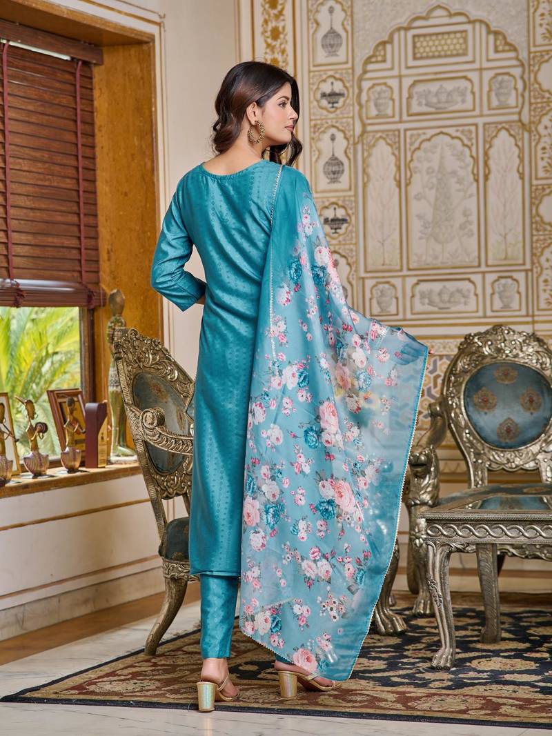Women's Viscose Rayon Embroidered Straight Kurta with Pant And Dupatta Set