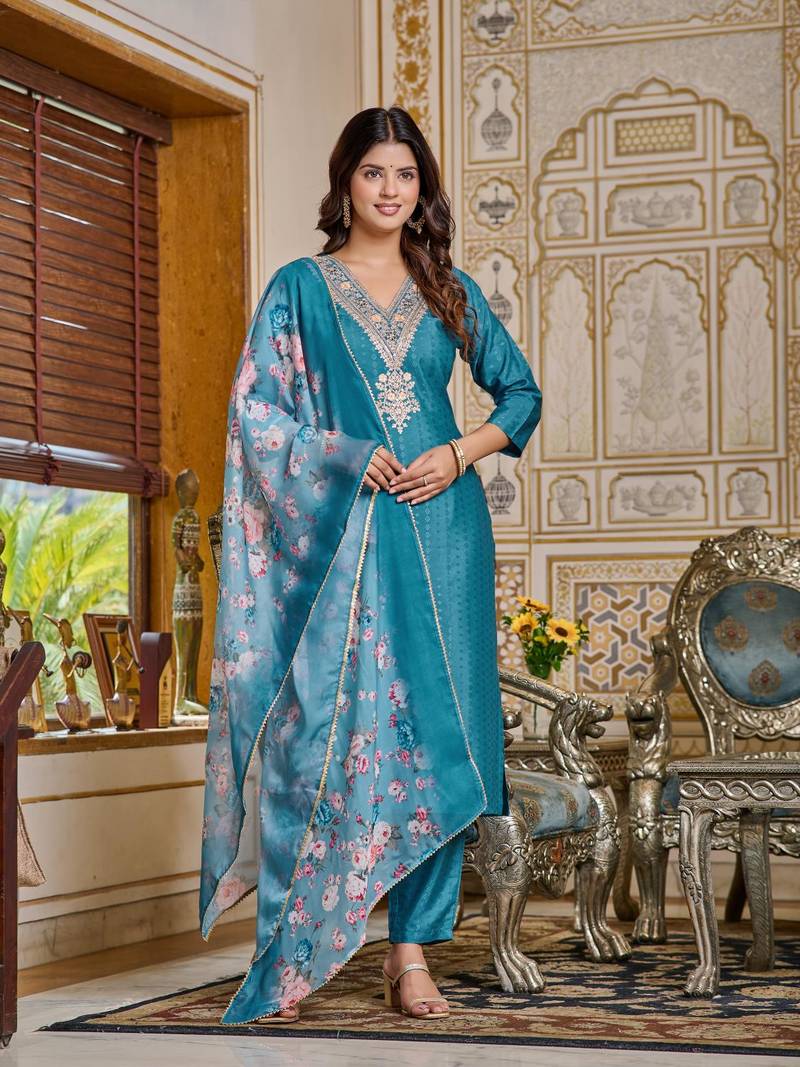 Women's Viscose Rayon Embroidered Straight Kurta with Pant And Dupatta Set