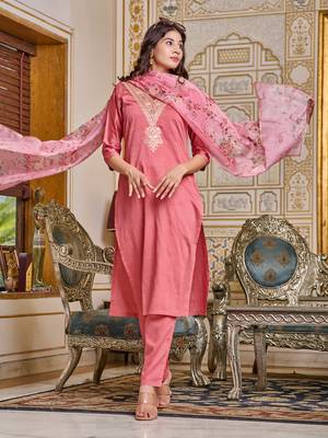 Women's Pink Chanderi Embroidered Straight Kurta with Pant And Dupatta Set 1