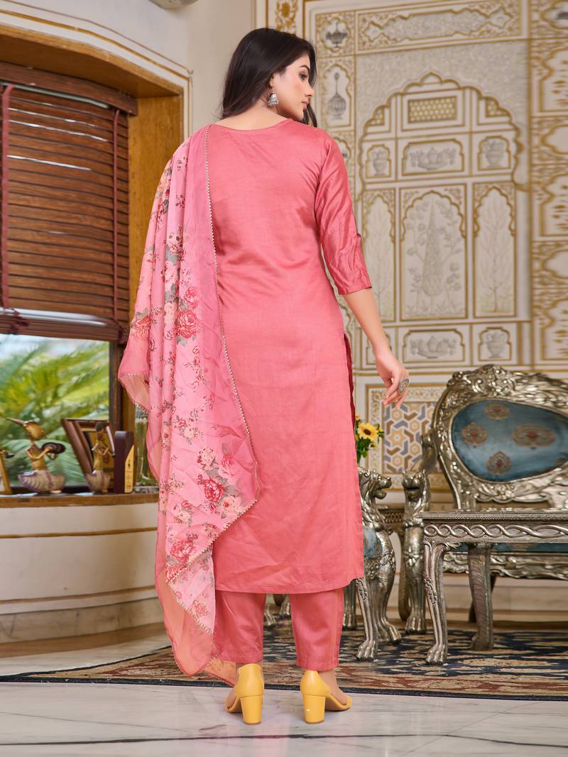 Women's Pink Chanderi Embroidered Straight Kurta with Pant And Dupatta Set
