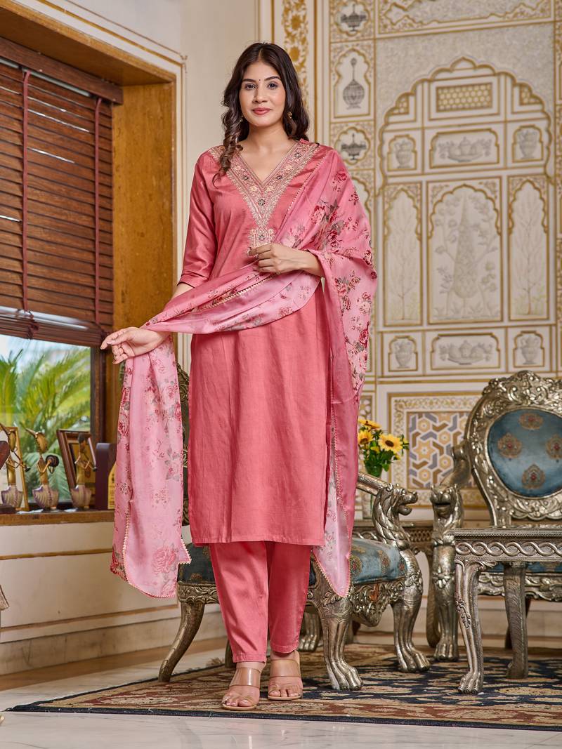 Women's Pink Chanderi Embroidered Straight Kurta with Pant And Dupatta Set
