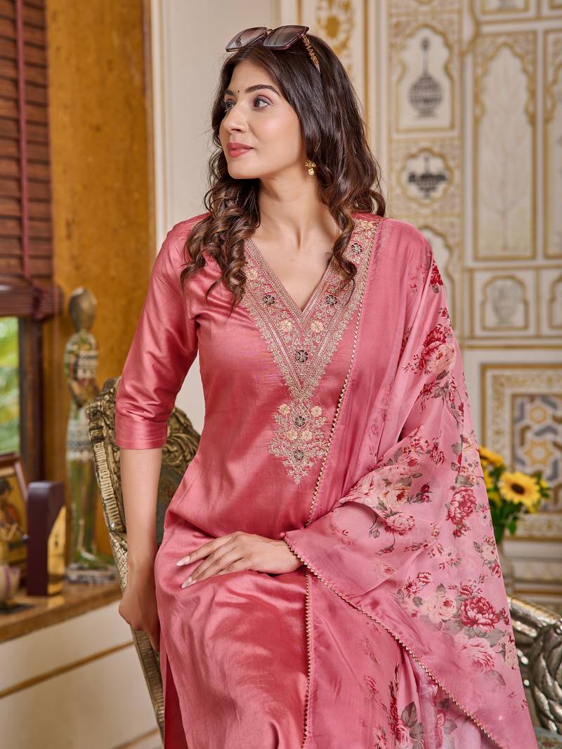 Women's Pink Chanderi Embroidered Straight Kurta with Pant And Dupatta Set