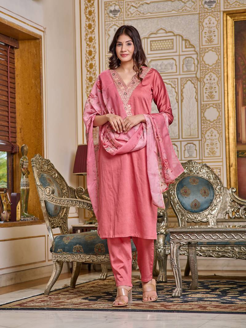 Women's Pink Chanderi Embroidered Straight Kurta with Pant And Dupatta Set