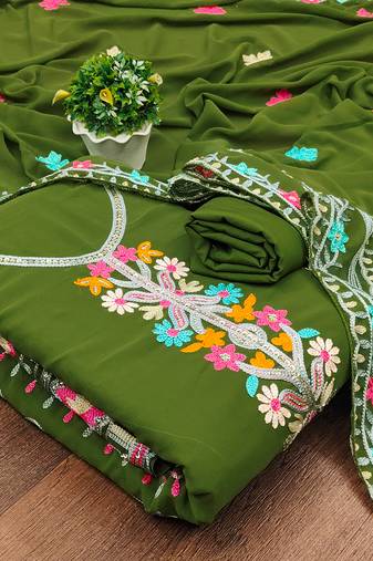 Georgette Sequin & Traditional Pattern Multicolor Thread Work Kurta Bottom Dupatta Set Dress Material