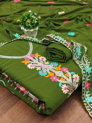 Georgette Sequin & Traditional Pattern Multicolor Thread Work Kurta Bottom Dupatta Set Dress Material 1