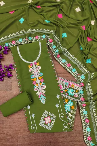 Georgette Sequin & Traditional Pattern Multicolor Thread Work Kurta Bottom Dupatta Set Dress Material