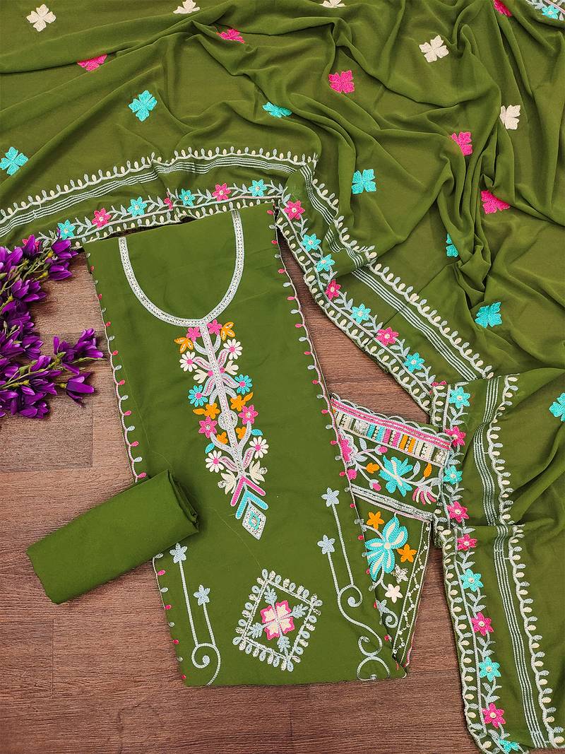 Georgette Sequin & Traditional Pattern Multicolor Thread Work Kurta Bottom Dupatta Set Dress Material