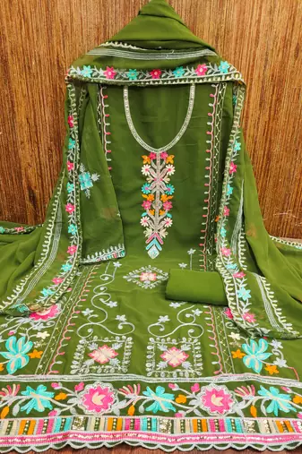 Georgette Sequin & Traditional Pattern Multicolor Thread Work Kurta Bottom Dupatta Set Dress Material
