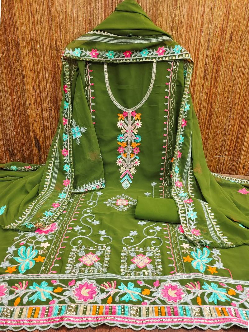 Georgette Sequin & Traditional Pattern Multicolor Thread Work Kurta Bottom Dupatta Set Dress Material