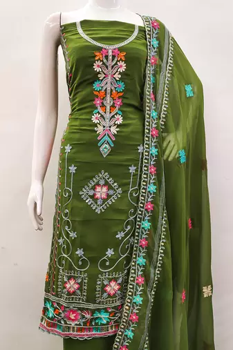 Georgette Sequin & Traditional Pattern Multicolor Thread Work Kurta Bottom Dupatta Set Dress Material