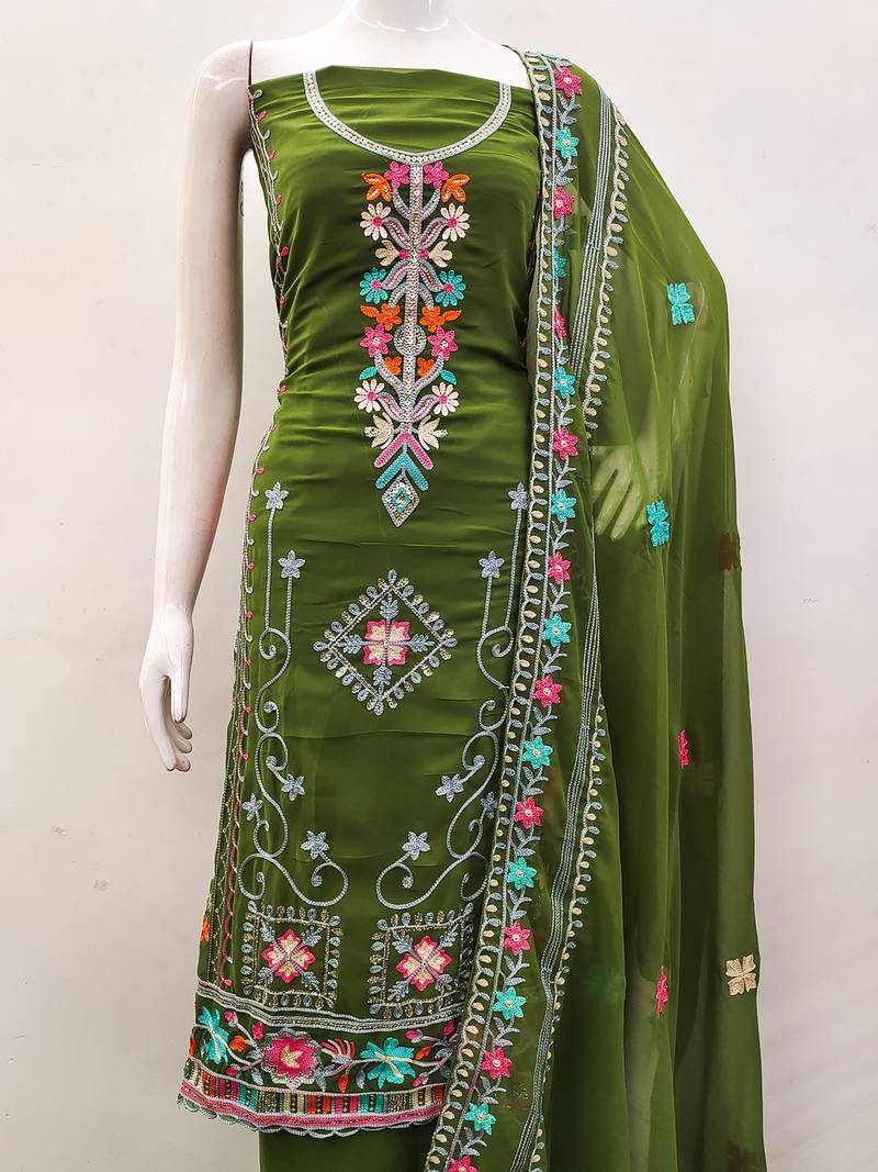 Georgette Sequin & Traditional Pattern Multicolor Thread Work Kurta Bottom Dupatta Set Dress Material