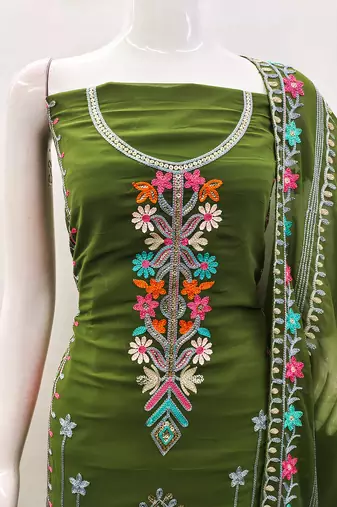 Georgette Sequin & Traditional Pattern Multicolor Thread Work Kurta Bottom Dupatta Set Dress Material
