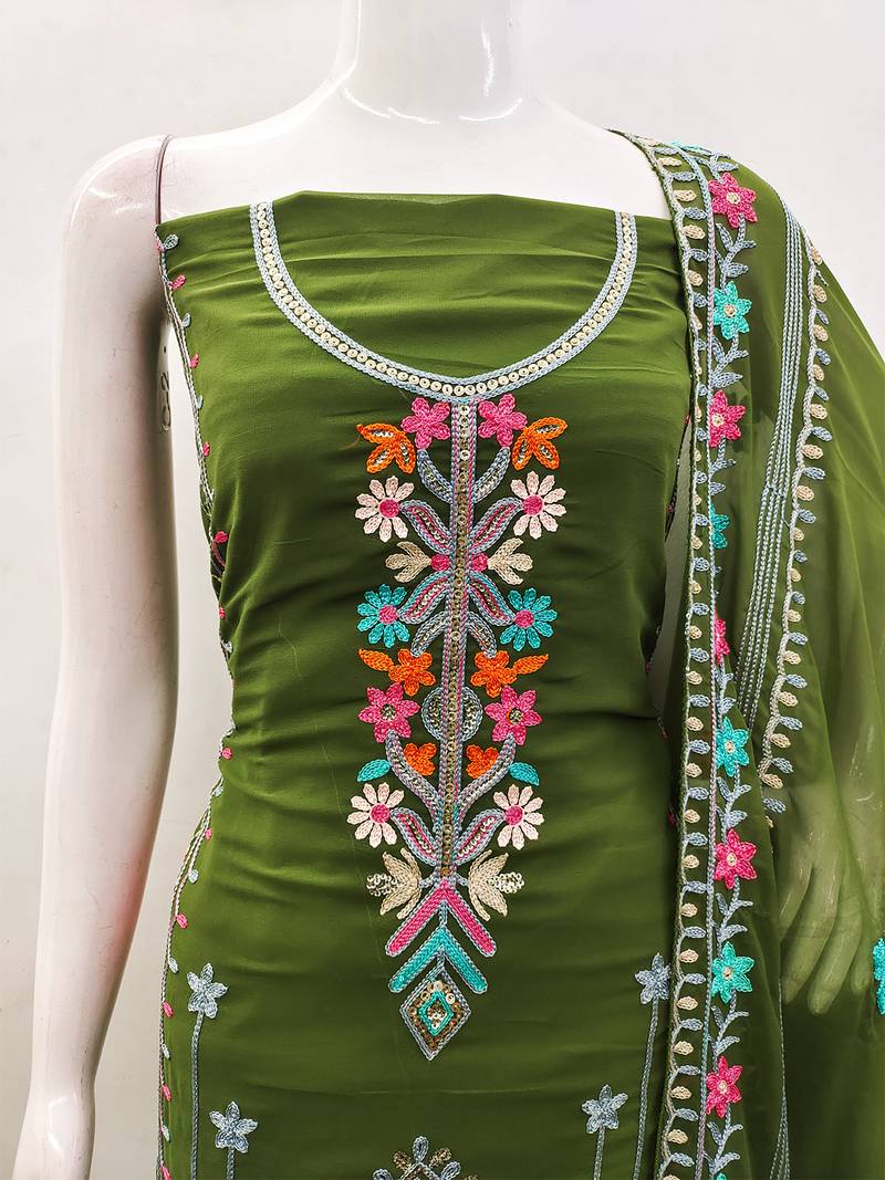 Georgette Sequin & Traditional Pattern Multicolor Thread Work Kurta Bottom Dupatta Set Dress Material