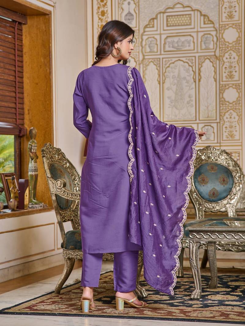 Women's Purple Chanderi Embroidered Straight Kurta with Pant And Dupatta Set