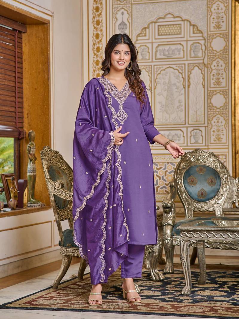 Women's Purple Chanderi Embroidered Straight Kurta with Pant And Dupatta Set