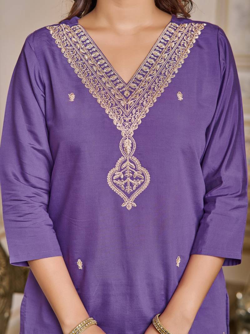 Women's Purple Chanderi Embroidered Straight Kurta with Pant And Dupatta Set