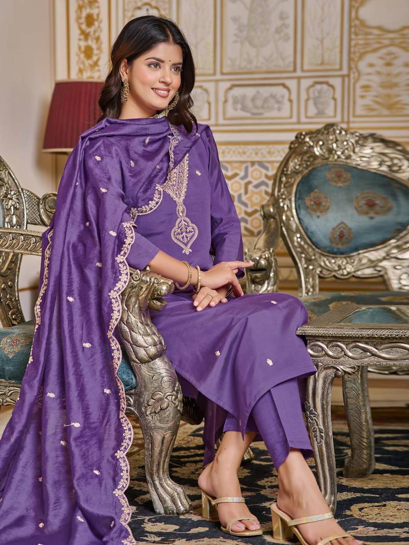 Women's Purple Chanderi Embroidered Straight Kurta with Pant And Dupatta Set