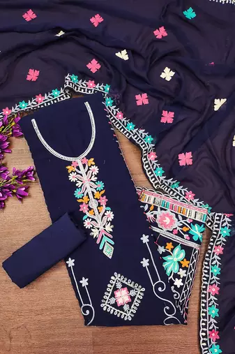 Georgette Sequin & Traditional Pattern Multicolor Thread Work Kurta Bottom Dupatta Set Dress Material