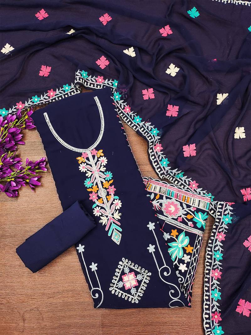 Georgette Sequin & Traditional Pattern Multicolor Thread Work Kurta Bottom Dupatta Set Dress Material