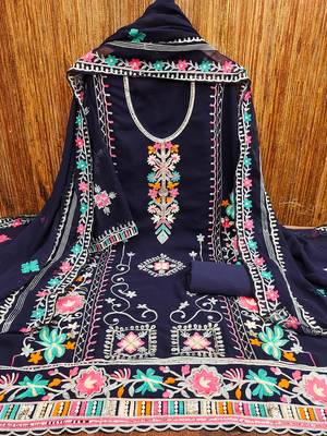 Georgette Sequin & Traditional Pattern Multicolor Thread Work Kurta Bottom Dupatta Set Dress Material 3