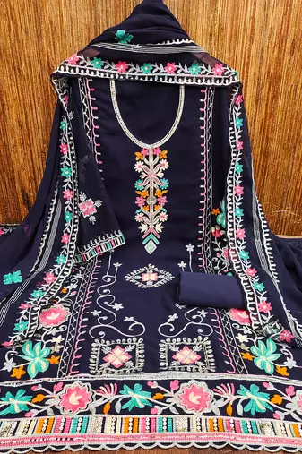 Georgette Sequin & Traditional Pattern Multicolor Thread Work Kurta Bottom Dupatta Set Dress Material