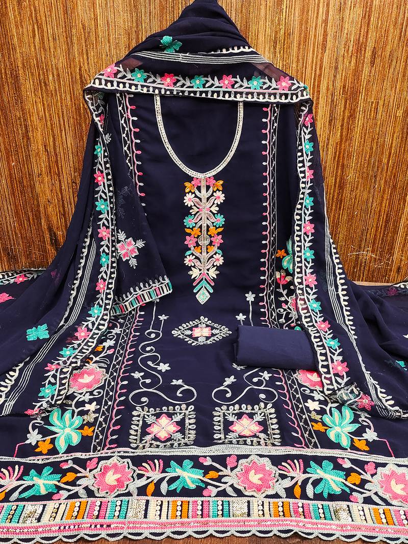 Georgette Sequin & Traditional Pattern Multicolor Thread Work Kurta Bottom Dupatta Set Dress Material