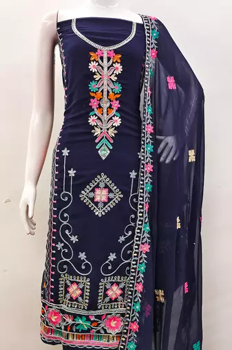 Georgette Sequin & Traditional Pattern Multicolor Thread Work Kurta Bottom Dupatta Set Dress Material