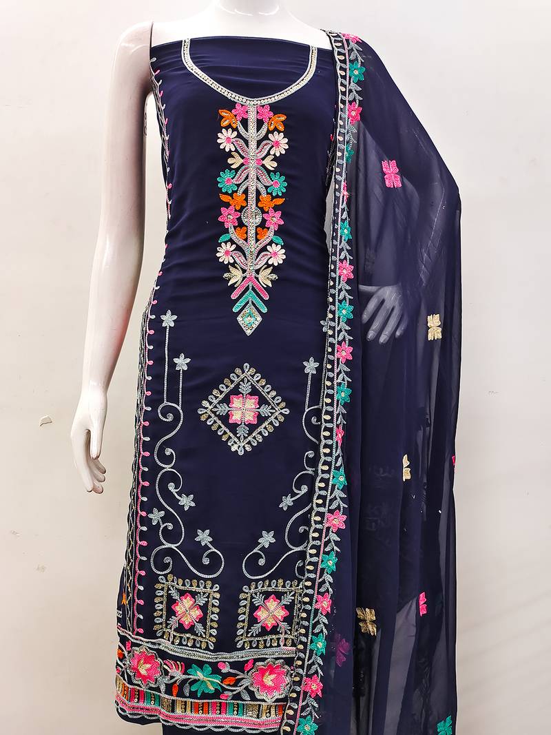 Georgette Sequin & Traditional Pattern Multicolor Thread Work Kurta Bottom Dupatta Set Dress Material