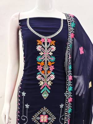 Georgette Sequin & Traditional Pattern Multicolor Thread Work Kurta Bottom Dupatta Set Dress Material 5