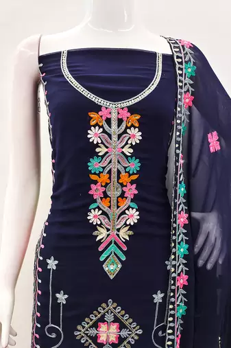 Georgette Sequin & Traditional Pattern Multicolor Thread Work Kurta Bottom Dupatta Set Dress Material