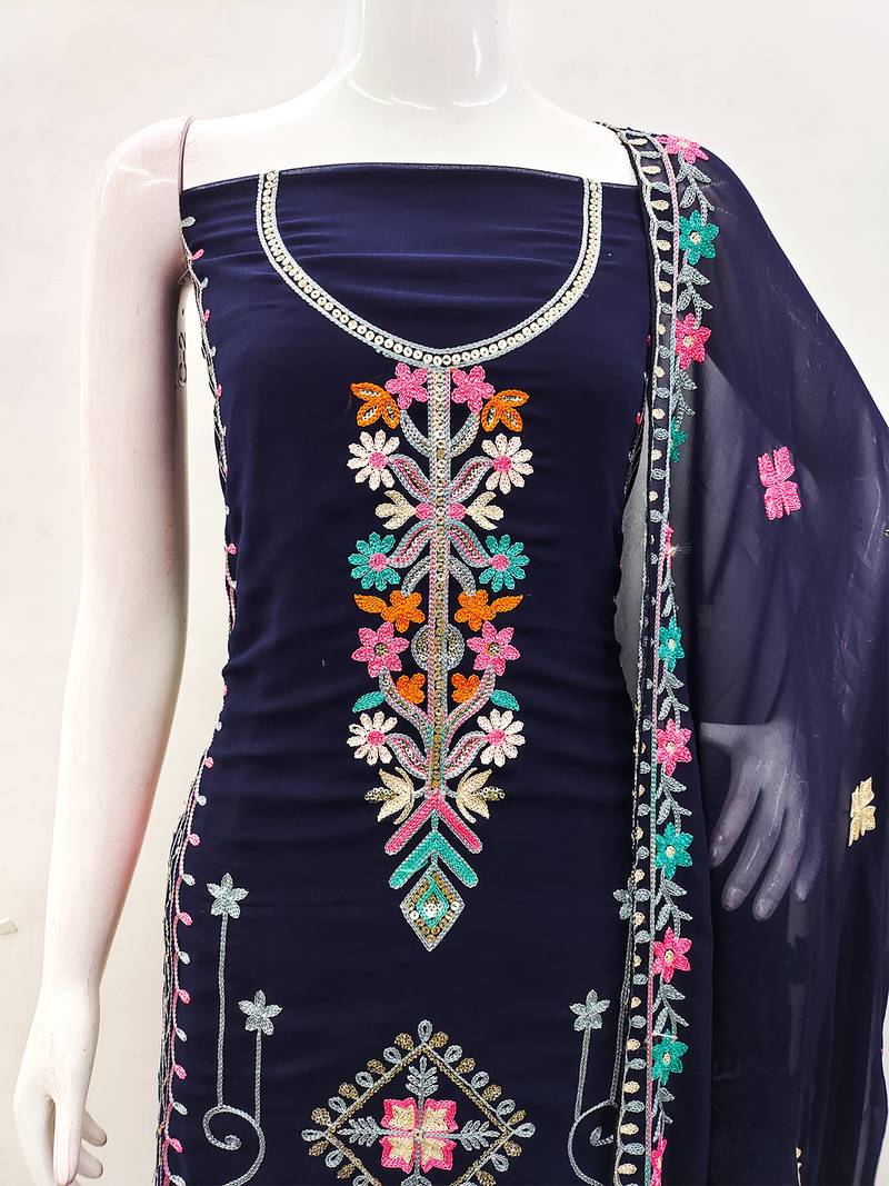 Georgette Sequin & Traditional Pattern Multicolor Thread Work Kurta Bottom Dupatta Set Dress Material