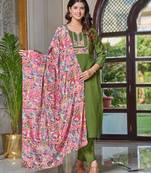 Women's Chanderi Embroidered Straight Kurta with Pant And Dupatta Set