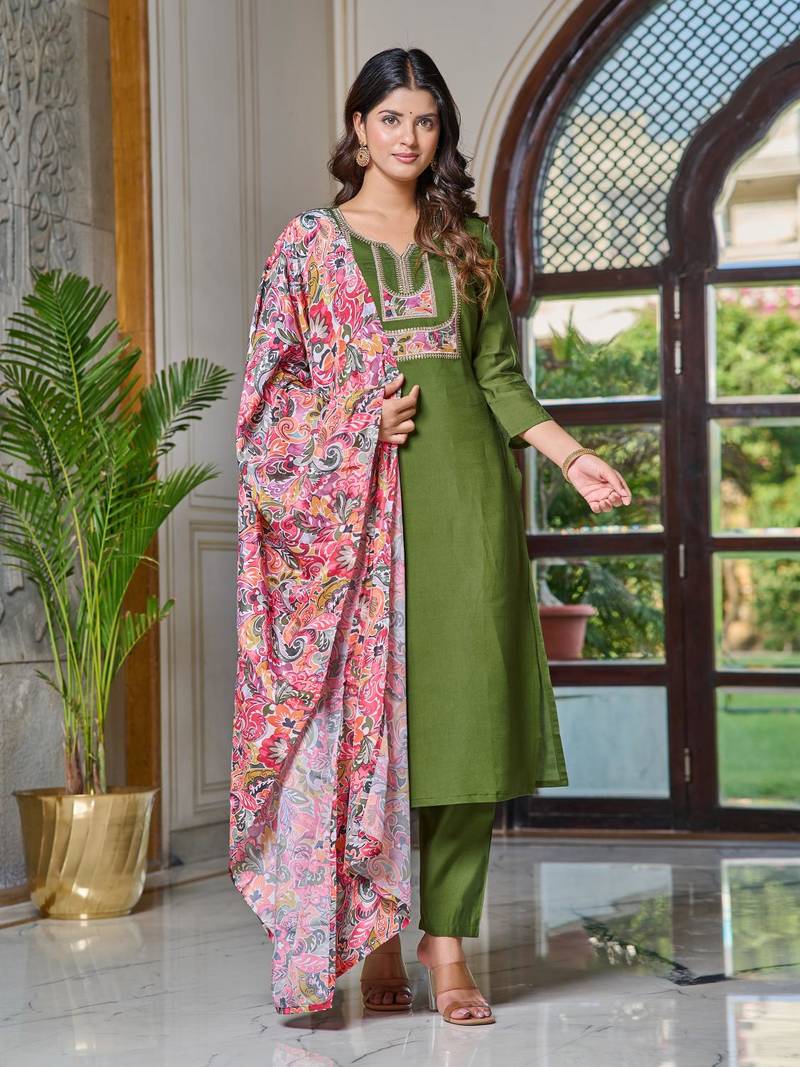 Women's Chanderi Embroidered Straight Kurta with Pant And Dupatta Set