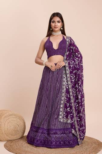 Women's Purple Georgette Thread And Sequence Embroidered Work Lehenga Choli For Wedding 