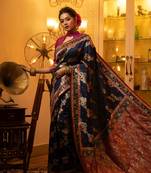 Navy Blue Soft Silk Zari Weaving Designer Pallu & Border Saree With Blouse For Women