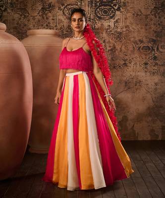 Hot pink top with Multicoloured Lehenga Set 1