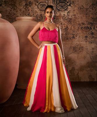 Hot pink top with Multicoloured Lehenga Set 2
