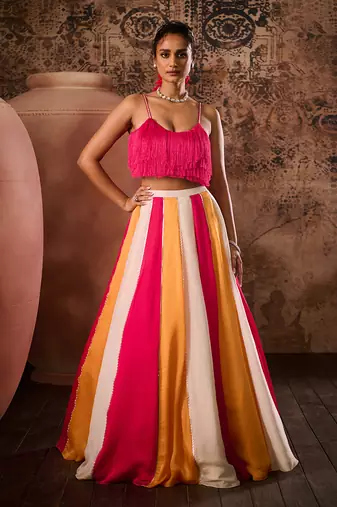 Hot pink top with Multicoloured Lehenga Set
