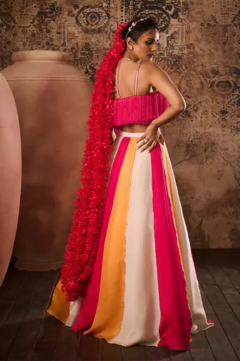 Hot pink top with Multicoloured Lehenga Set