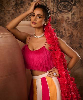 Hot pink top with Multicoloured Lehenga Set 4