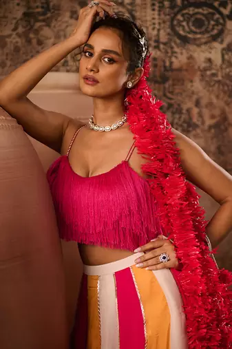 Hot pink top with Multicoloured Lehenga Set
