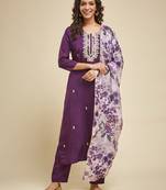 Women's Purple Chanderi Embroidered Straight Kurta with Pant And Dupatta Set
