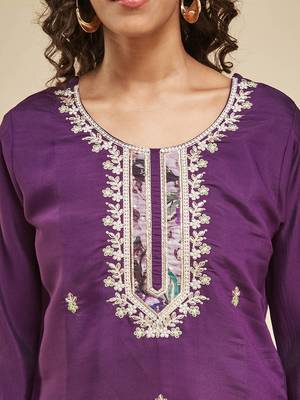 Women's Purple Chanderi Embroidered Straight Kurta with Pant And Dupatta Set 4