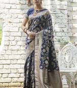 Navy Blue Katan Silk Saree With Zari Weaving Pallu And Border With Blouse For Women
