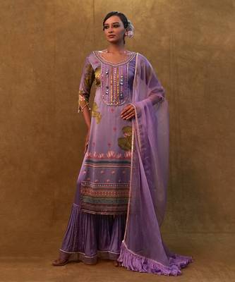 Lavender printed kurta set paired with organza dupatta and flared pants 1