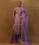 Lavender printed kurta set paired with organza dupatta and flared pants